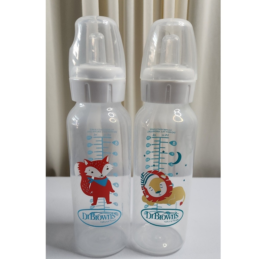Dr. Browns Natural Flow 8oz Baby Bottles Set of 2 Fox Lion Narrow Neck Clear